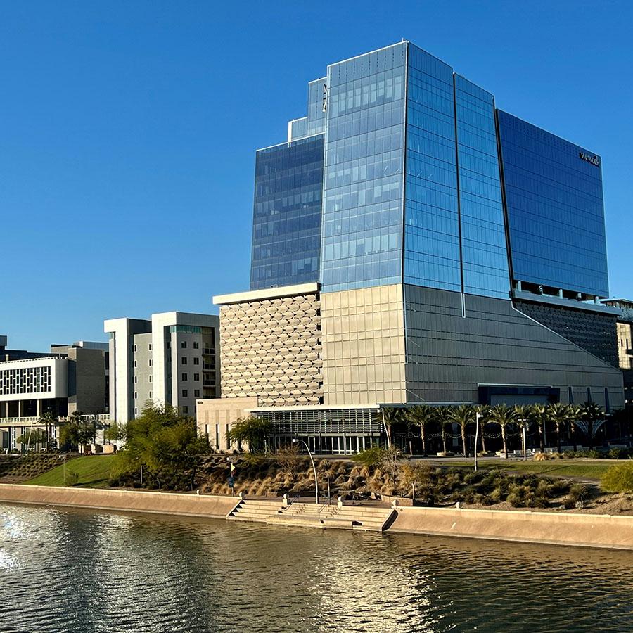 Dramatic condominium and office buildings along Tempe Town Lake.