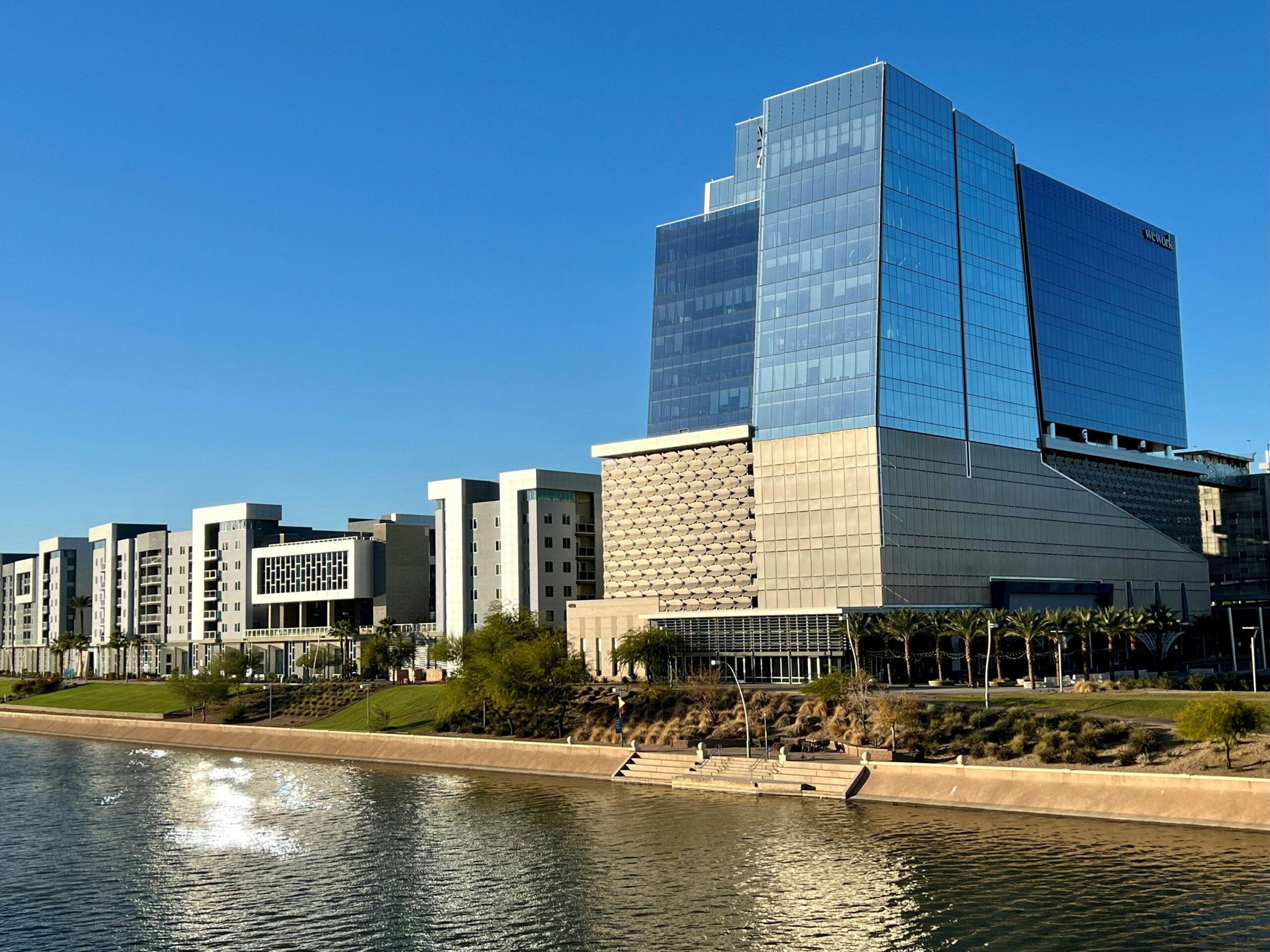 Dramatic condominium and office buildings along Tempe Town Lake.